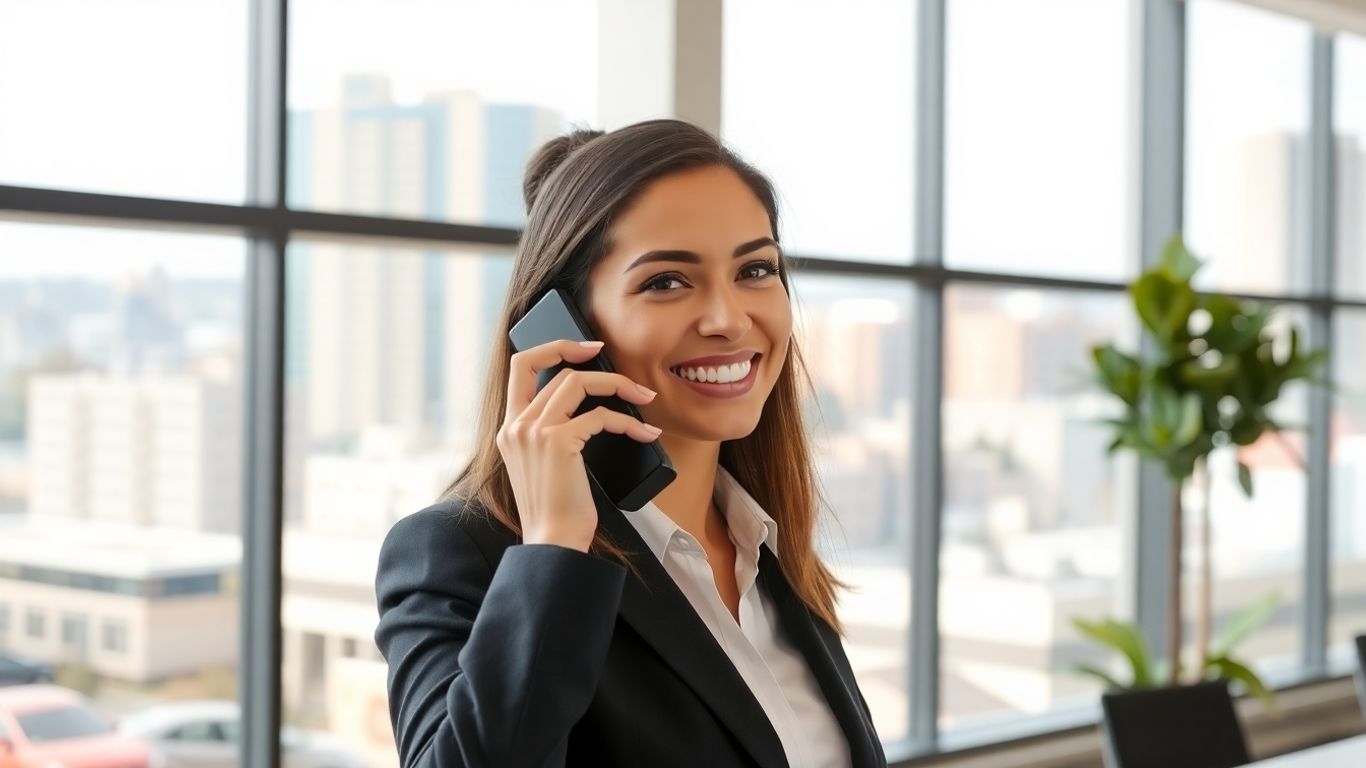 Businessperson answering phone with Modesto city view