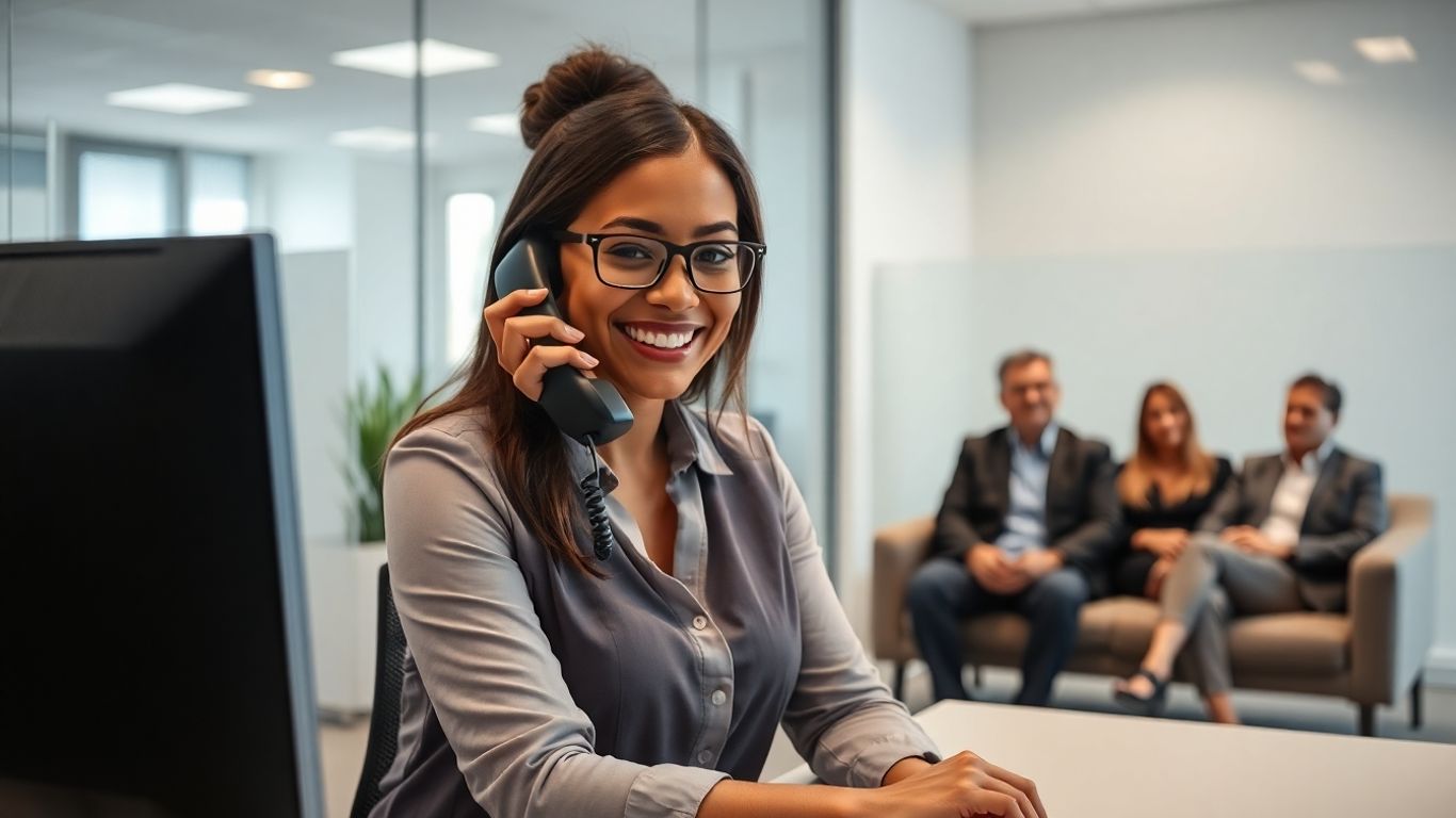 Virtual receptionist helps bilingual clients in modern Modesto office.