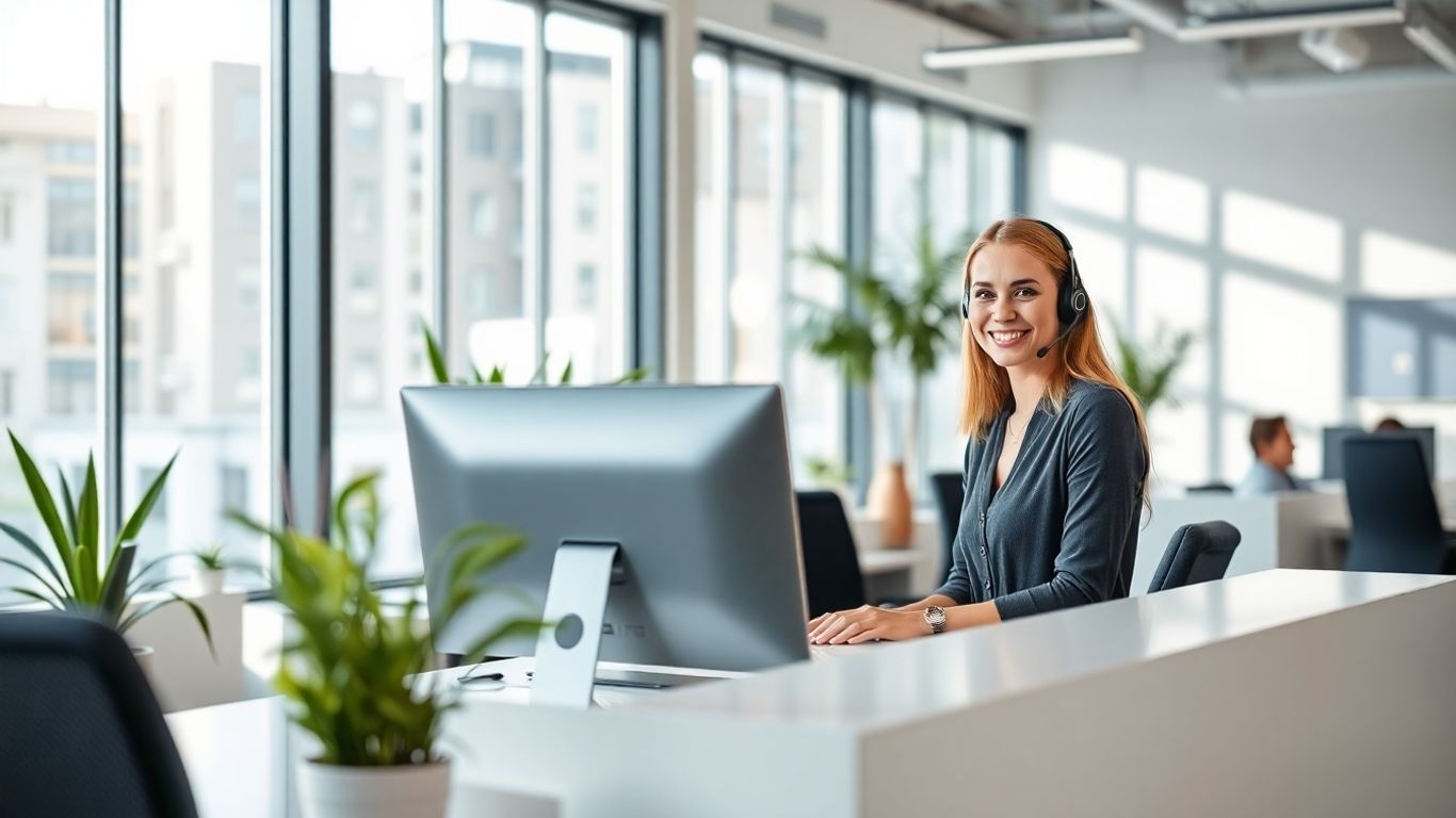 Virtual receptionist at desk with computer and headset