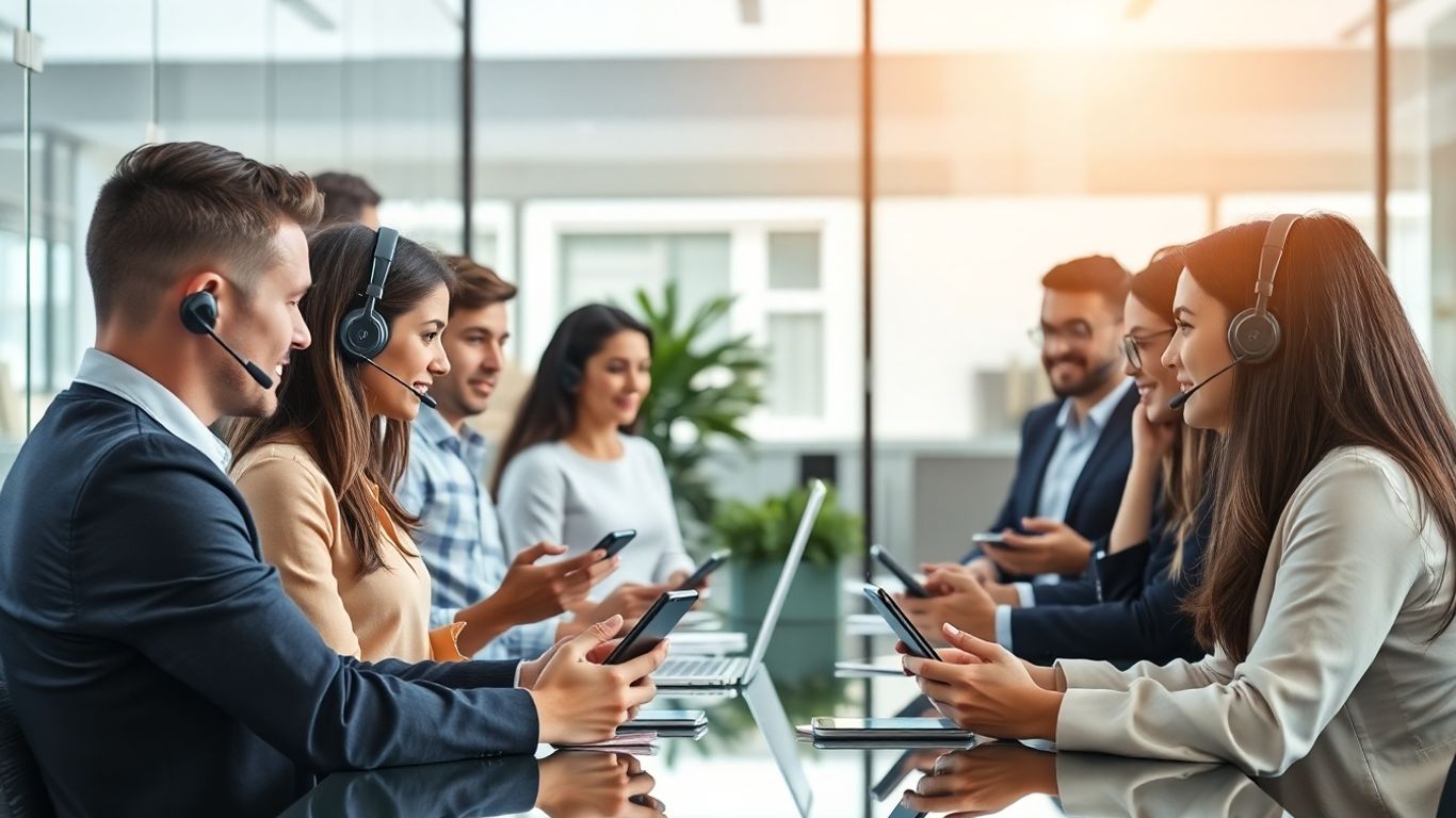 Professionals using smart devices in modern office workspace