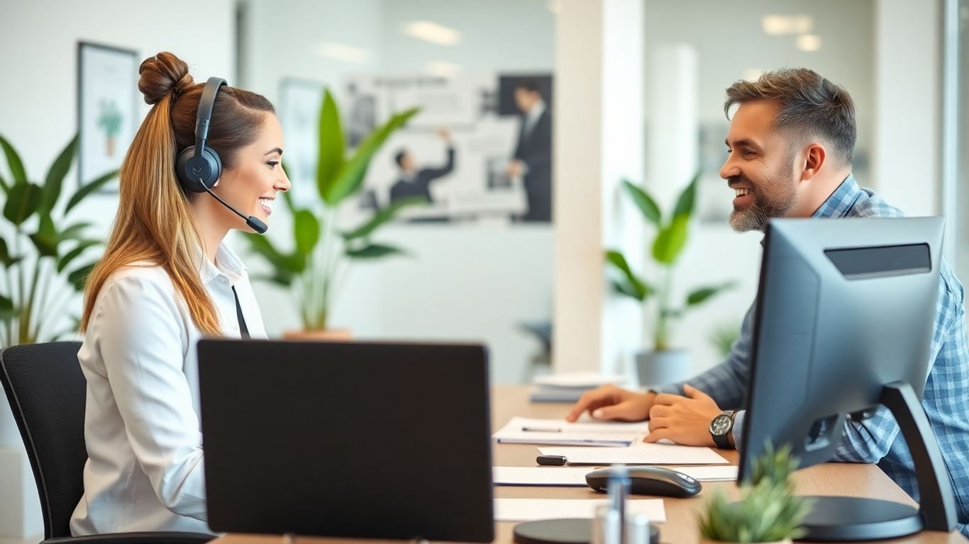 Virtual receptionist helping small business owner in office