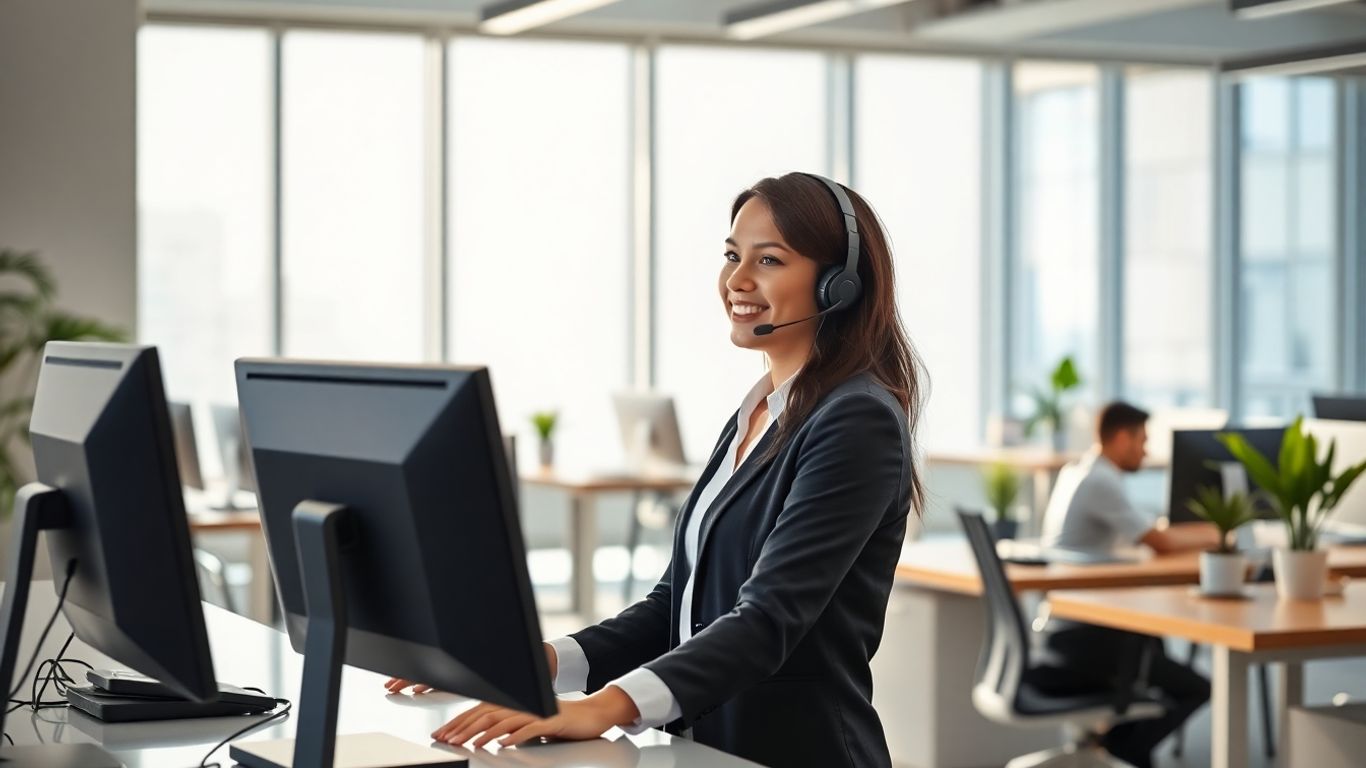 Receptionist answering calls in modern office setting