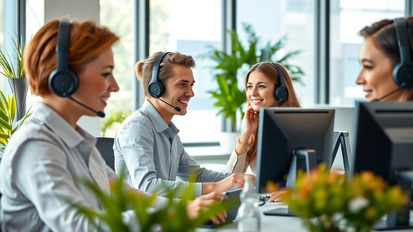 Customer service agents with headsets in modern office