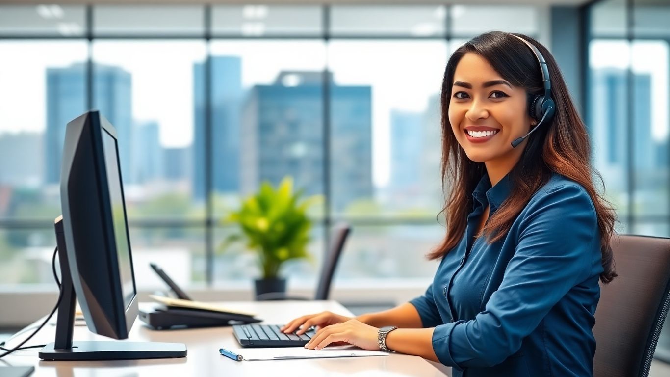 Virtual receptionist at desk with Naperville skyline background
