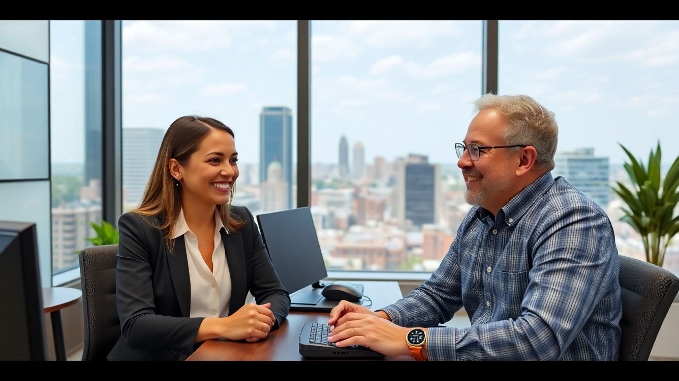 Virtual receptionist greeting Naperville business owner over video call.