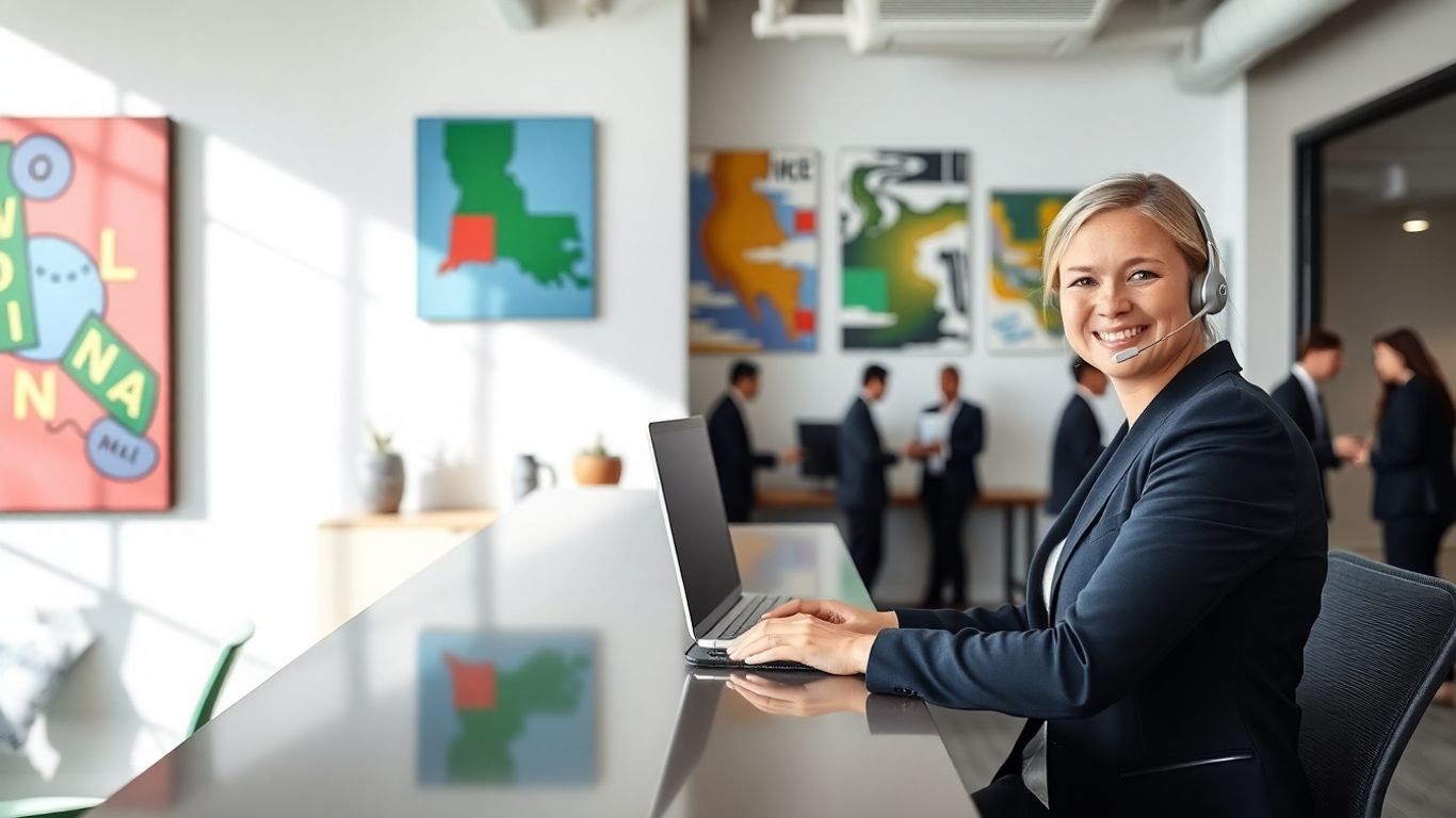 Virtual receptionist at New Orleans office desk with colleagues