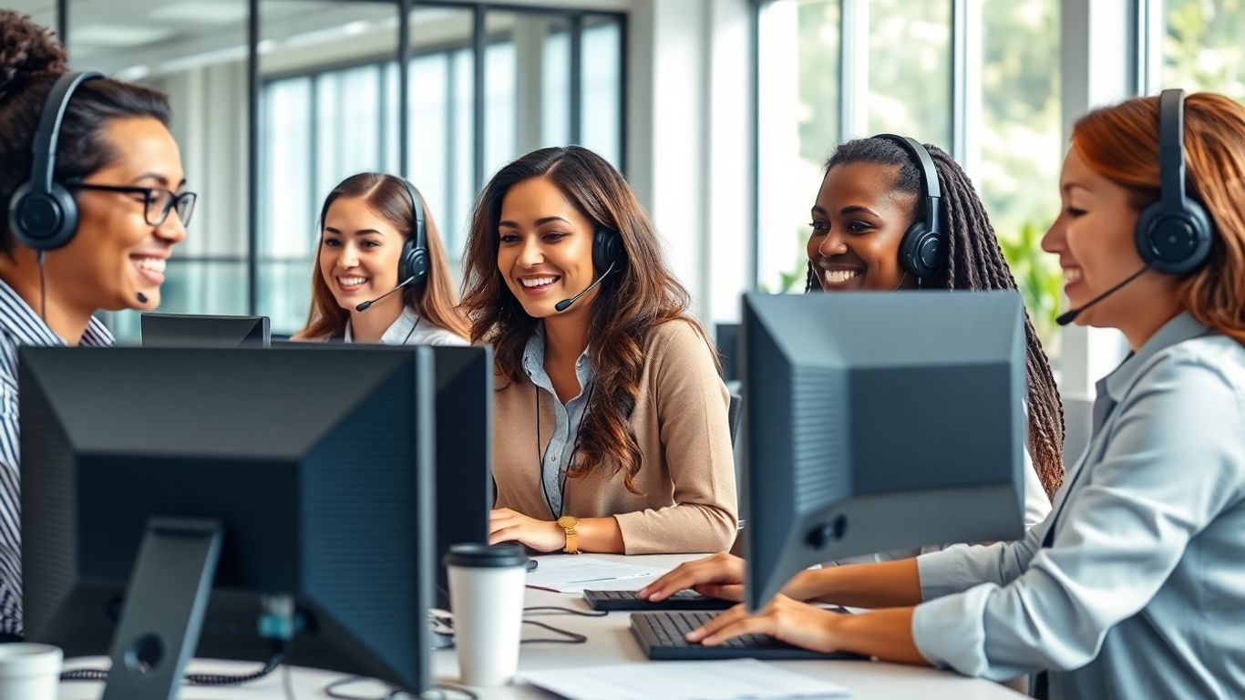 Multicultural answering service team in modern office setting.