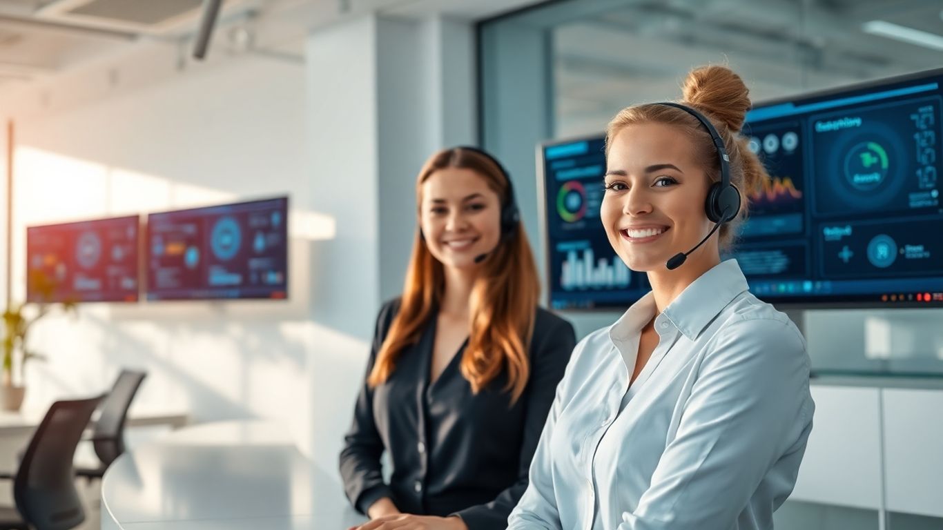 Receptionist with headset in modern Newport News office