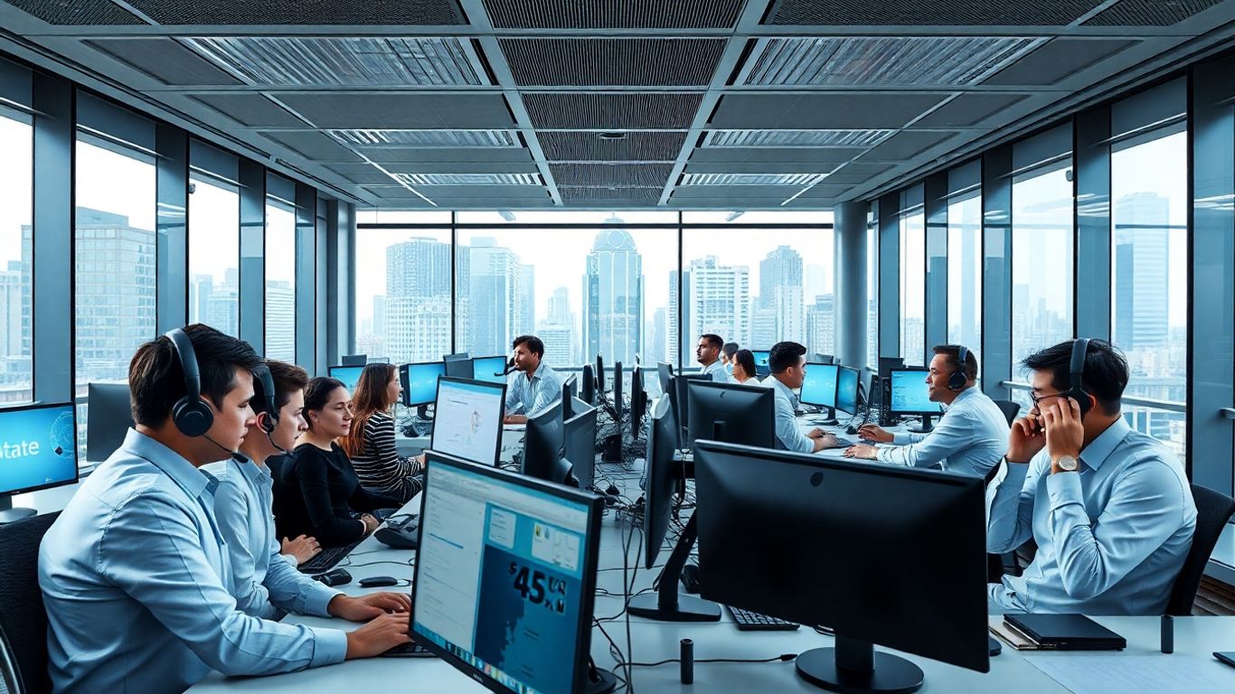 Business call center with multiple simultaneous calls in progress.