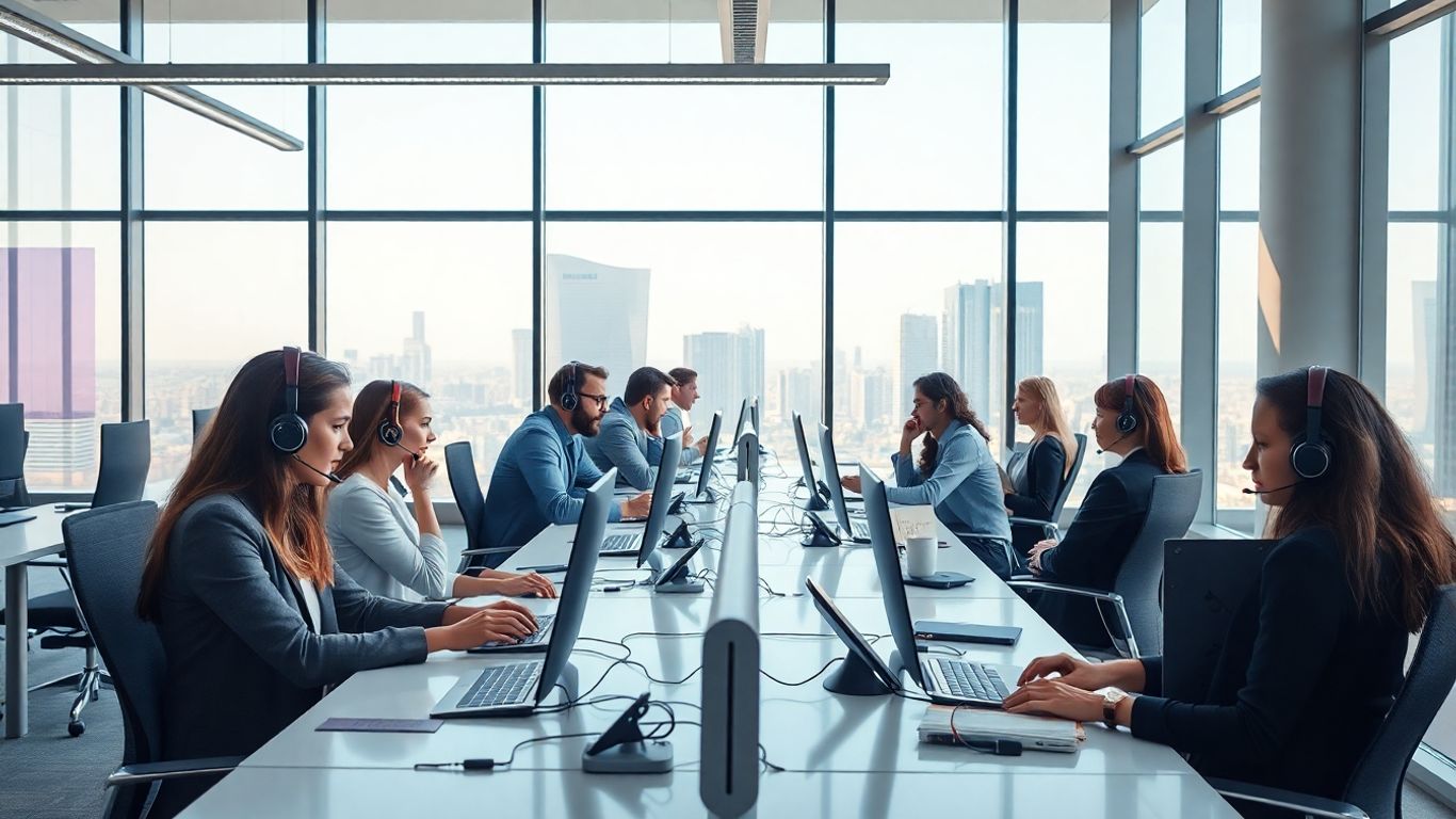 Modern office call center with professionals using headsets