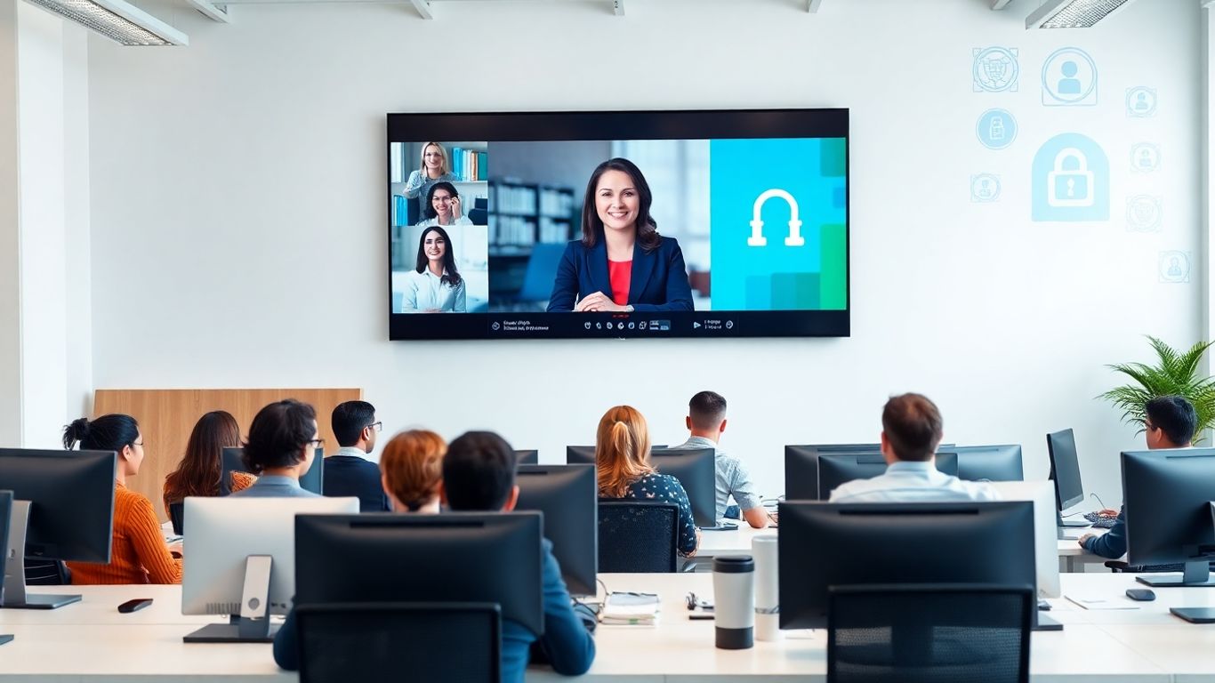 Virtual receptionist with business team in modern office.