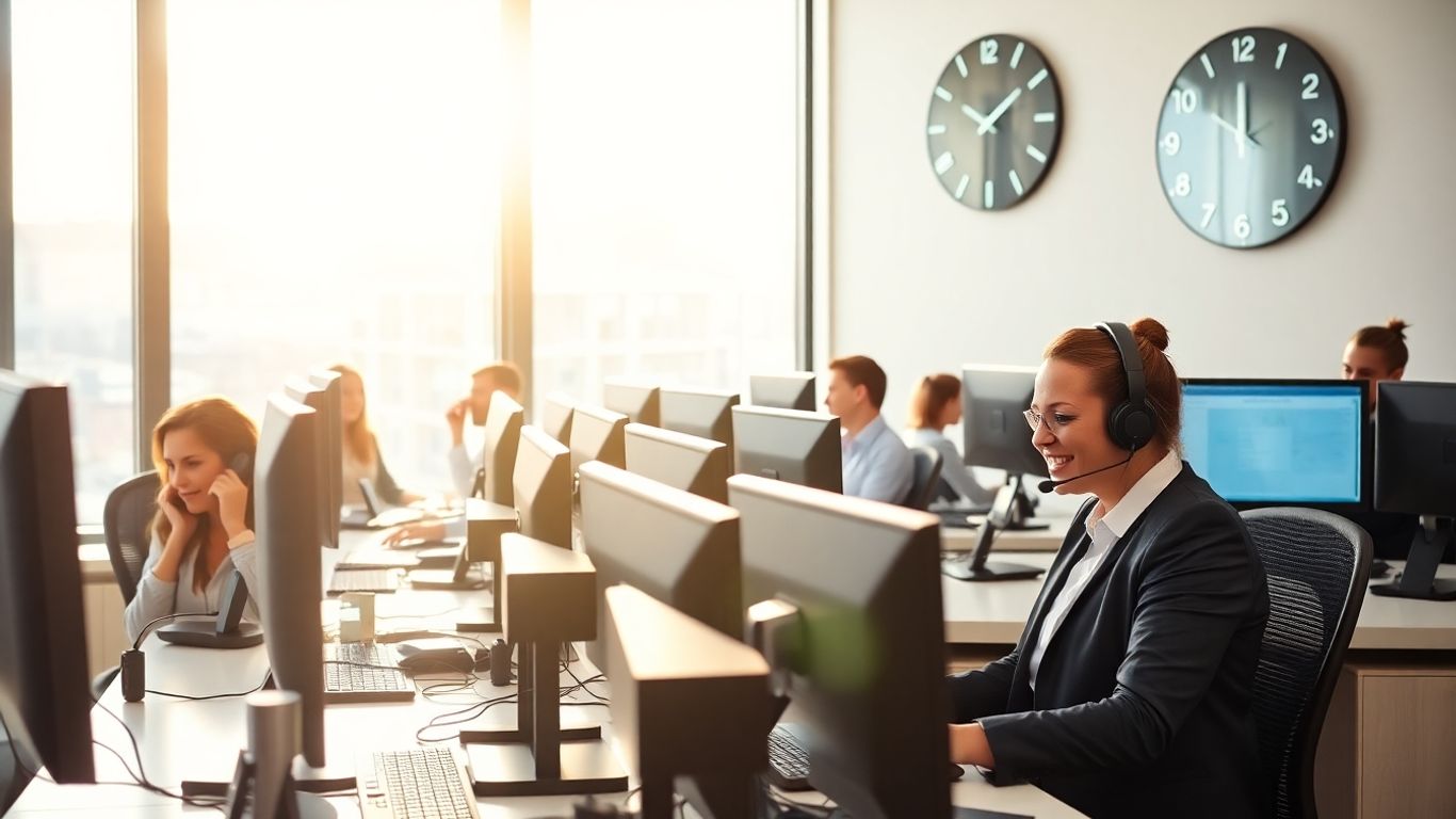 Receptionists managing calls with digital clocks in office