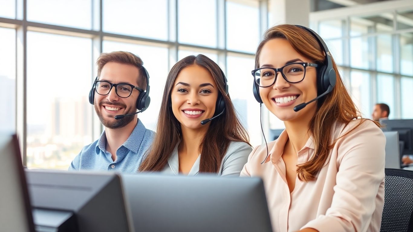Call center agents with Las Vegas skyline background