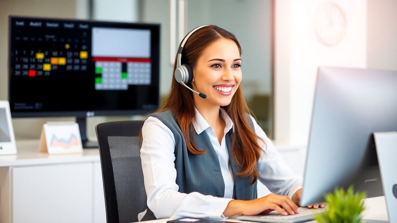 Virtual receptionist scheduling appointments at computer desk