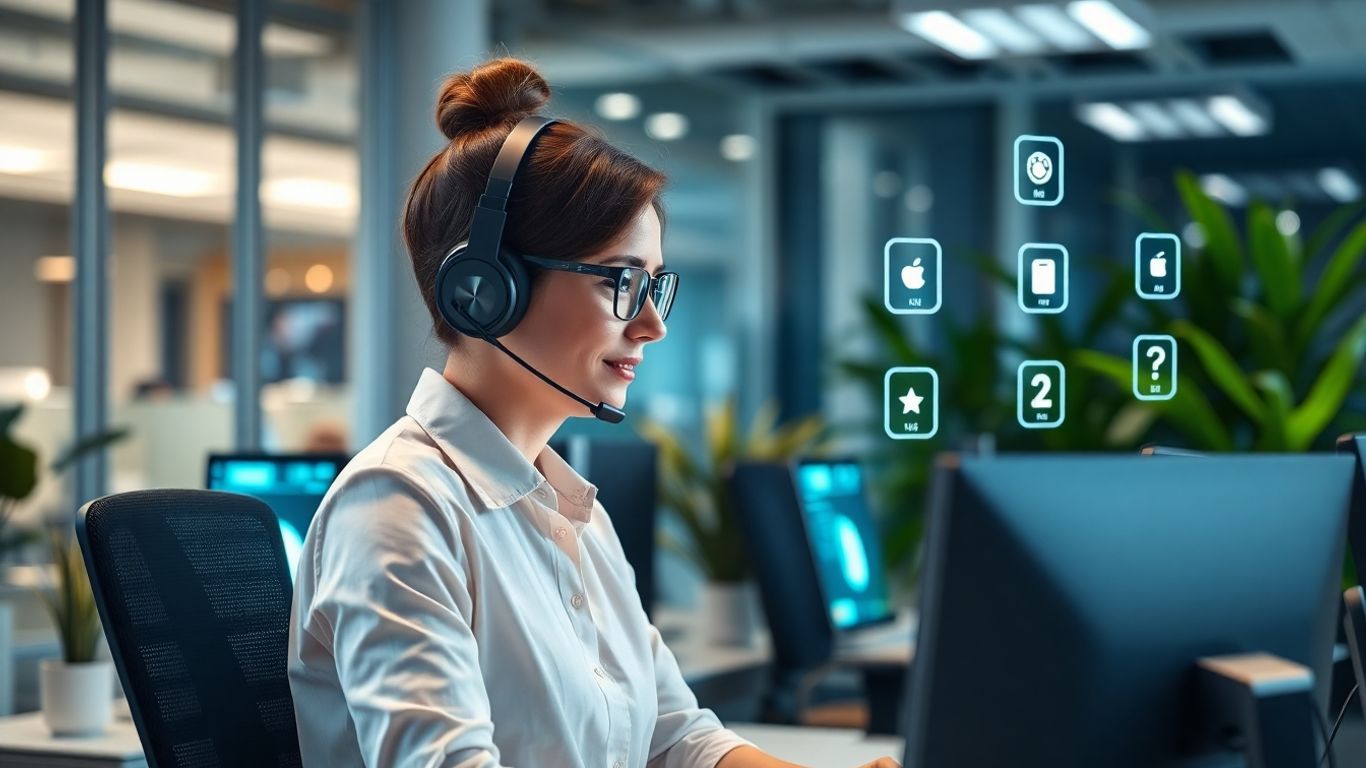 Call center agent with digital app icons in background.