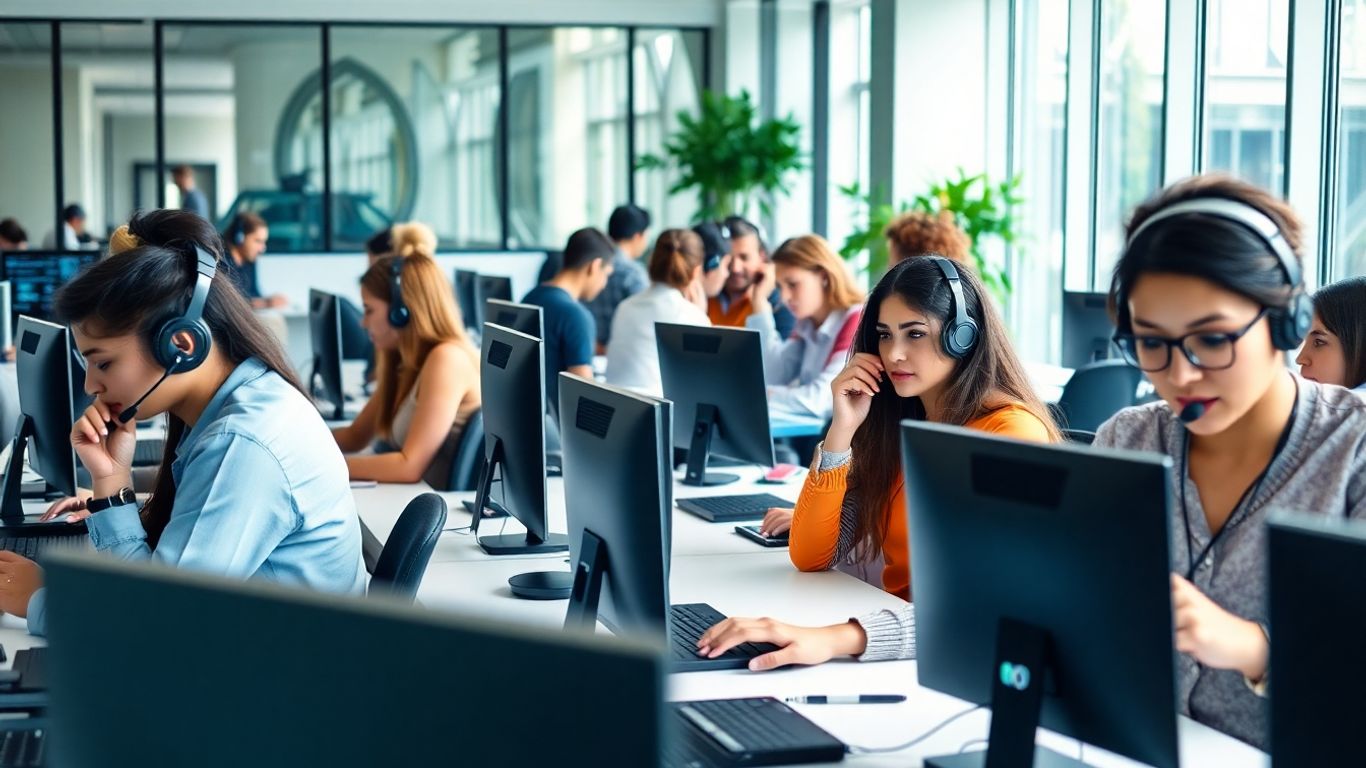 Professional call center team in a bright modern office