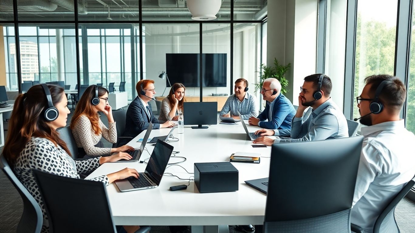 Business team using headsets in modern office space