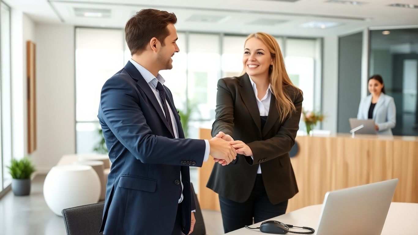 Business professionals handshake with receptionist and headset nearby