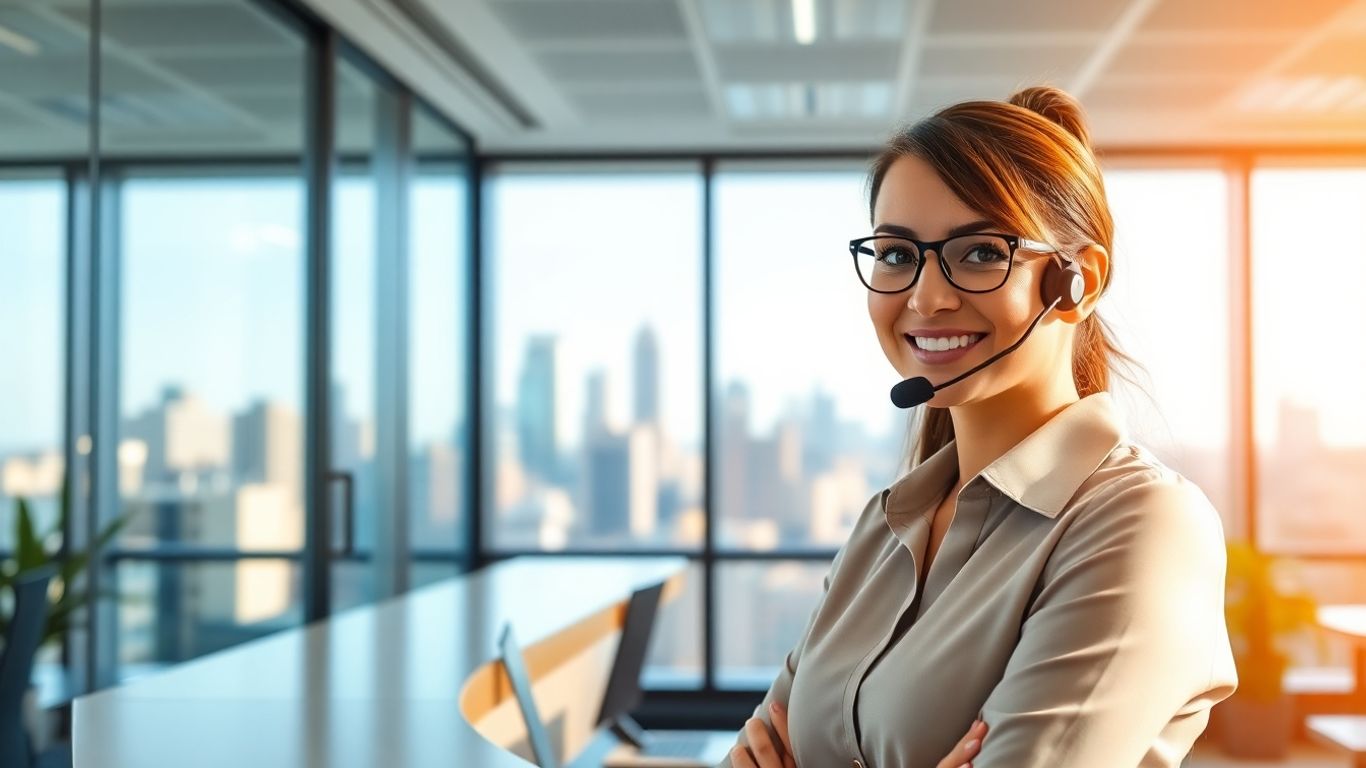 Philadelphia receptionist with headset in modern office view