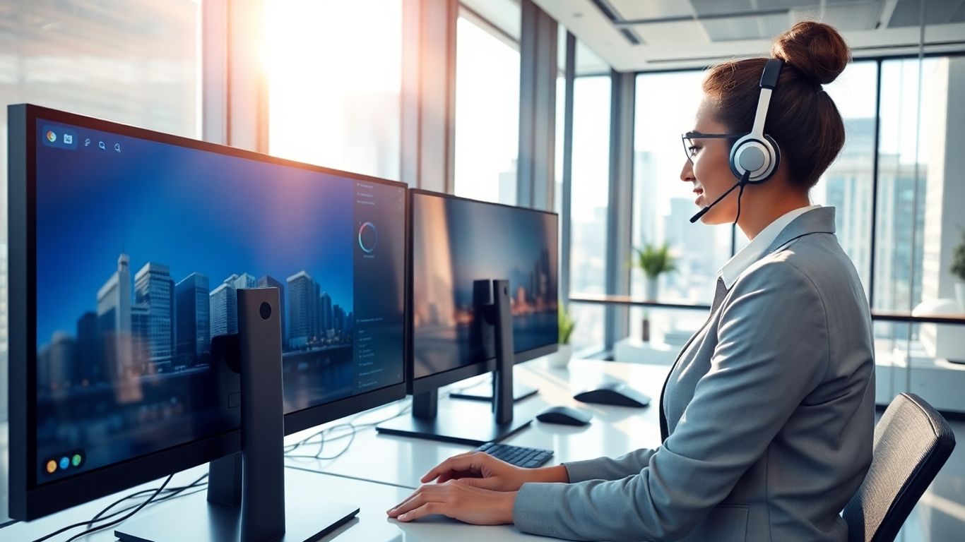 Receptionist in modern Phoenix office with computer headset