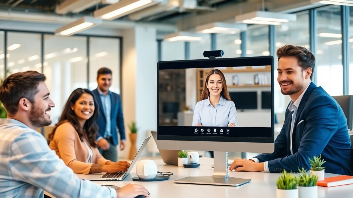 Team collaborating with virtual receptionist on computer screen