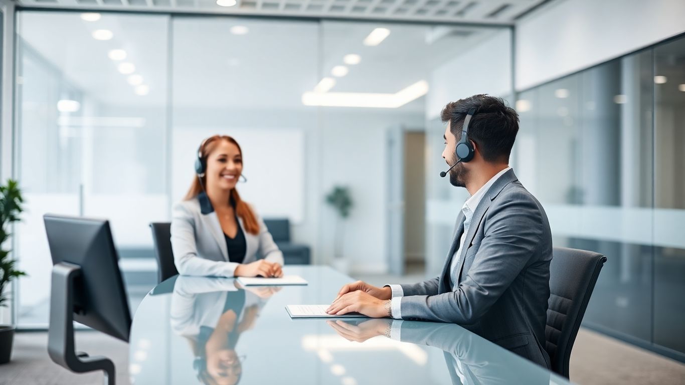 Virtual receptionist greeting client in modern office setting