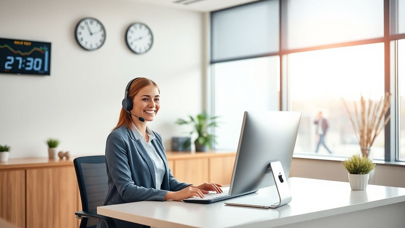 Virtual receptionist at desk with headset in modern office