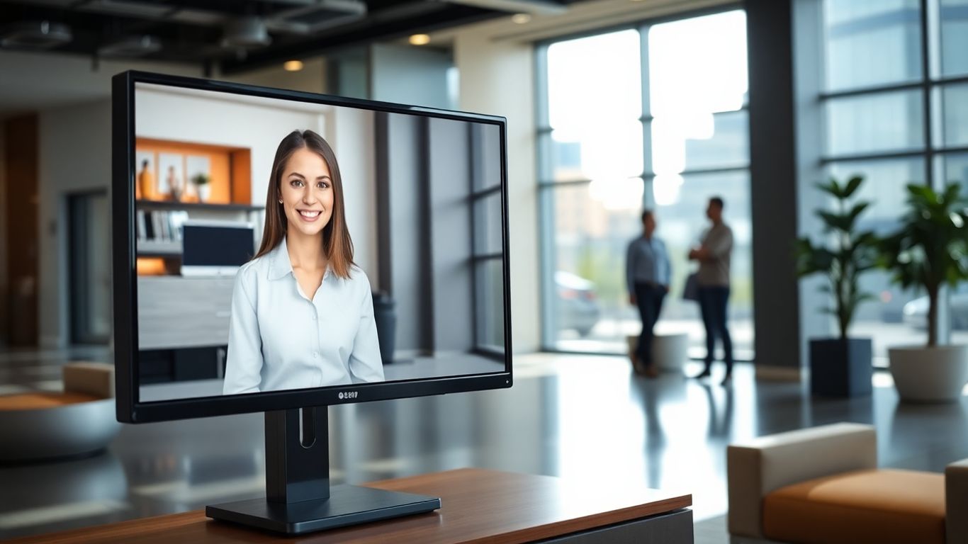 Virtual receptionist on monitor in Pittsburgh office lobby.