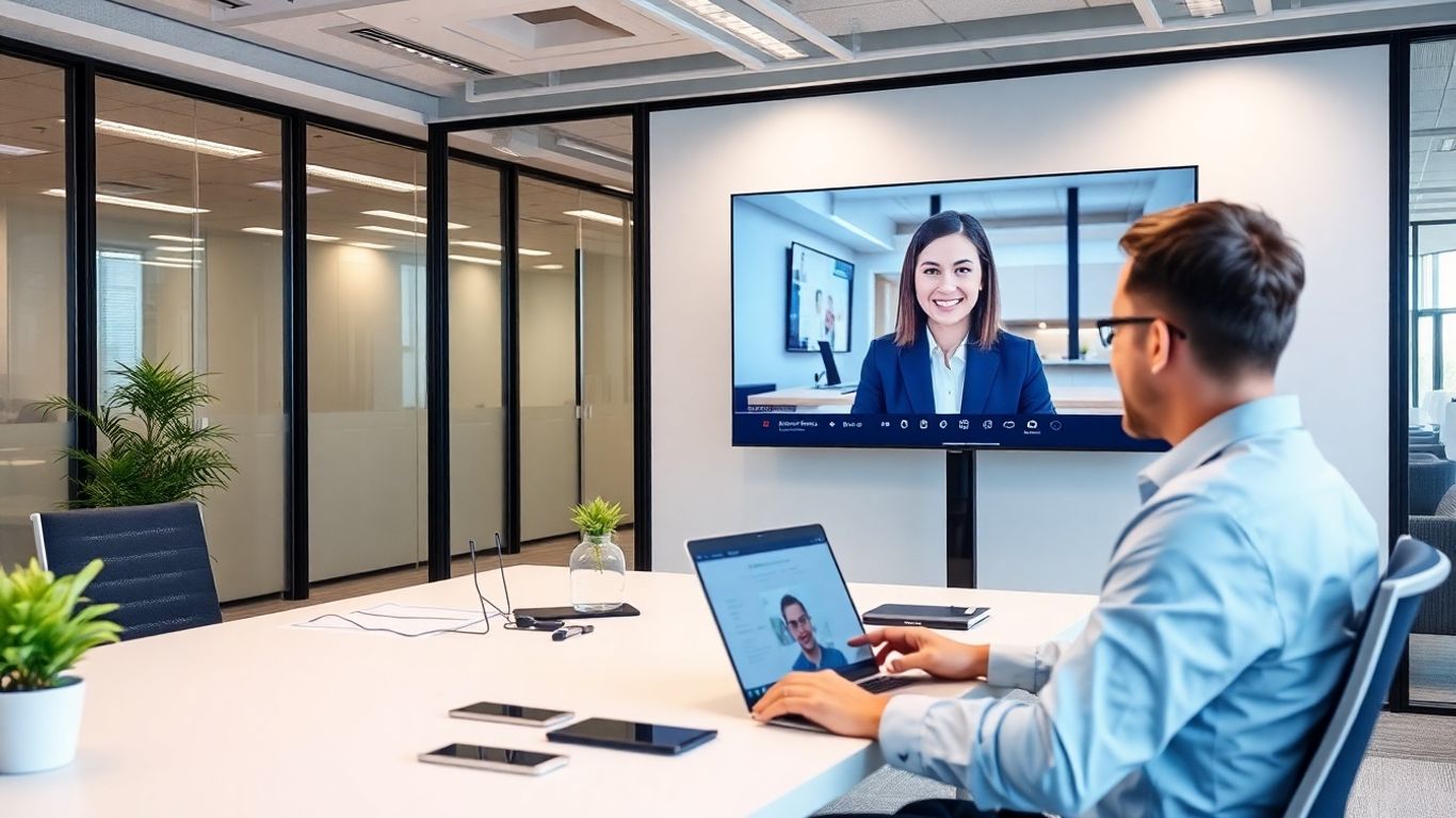 Virtual receptionist assisting business professional via video call