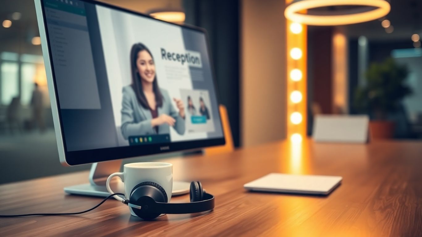 Virtual receptionist at desk with headset and computer