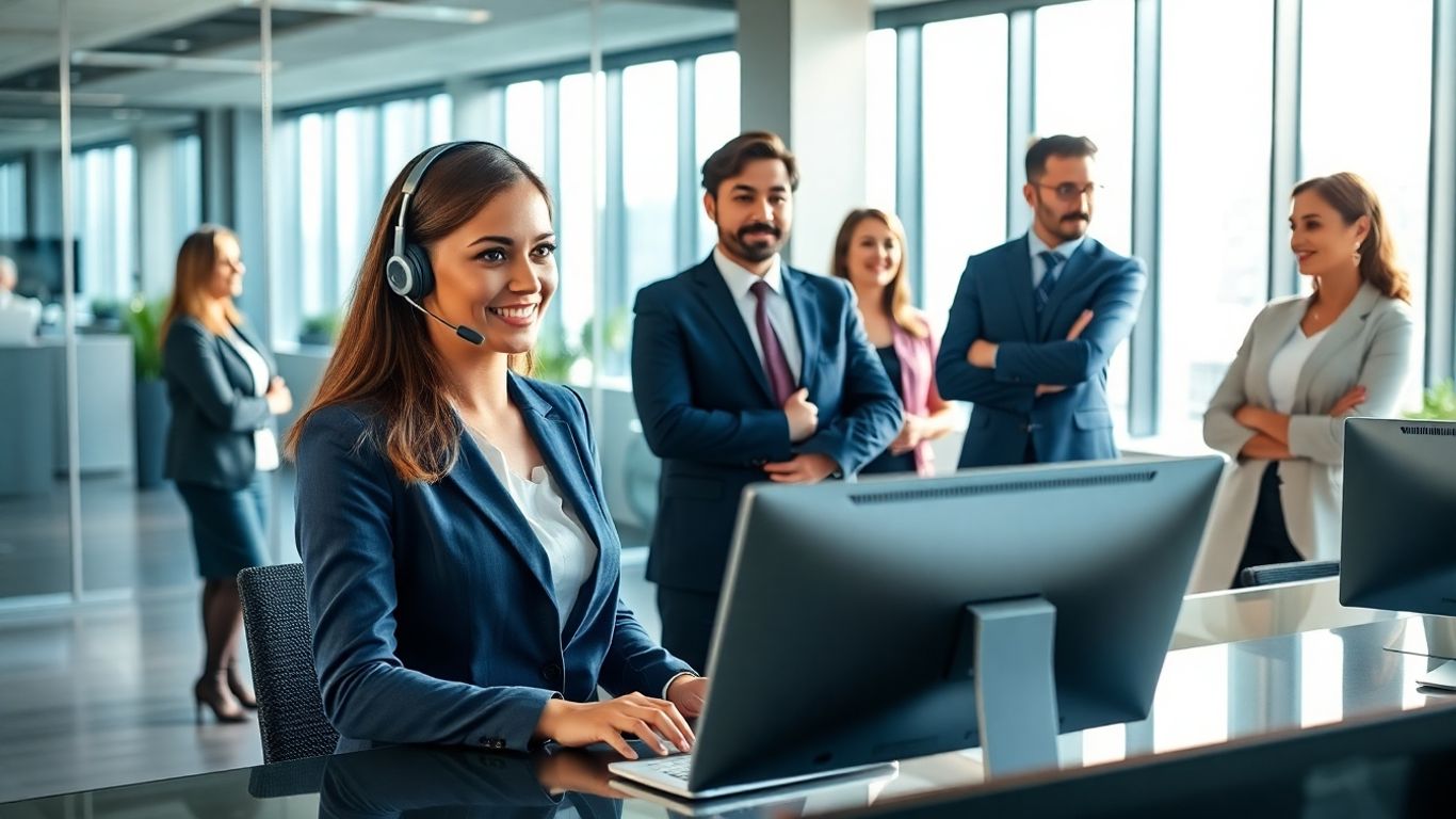 Virtual receptionist assisting diverse clients in modern office