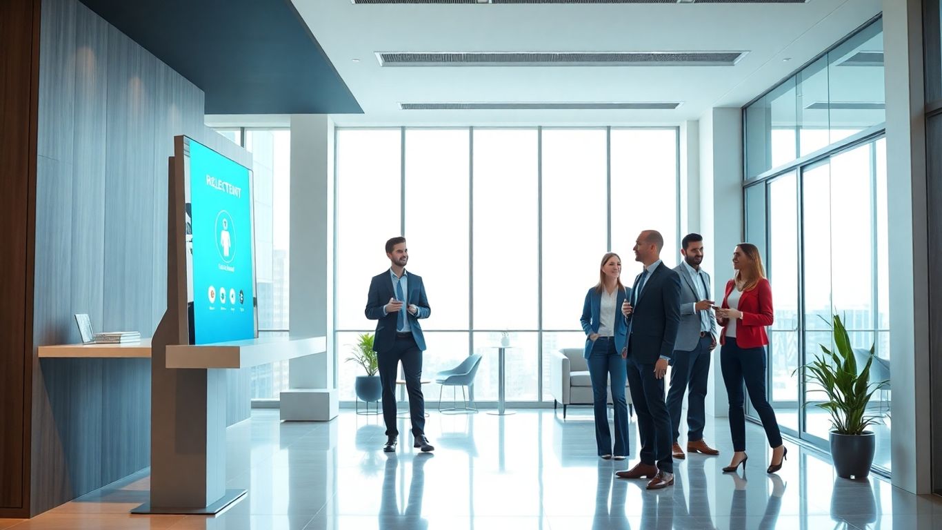 Virtual receptionist assisting business professionals in a modern office