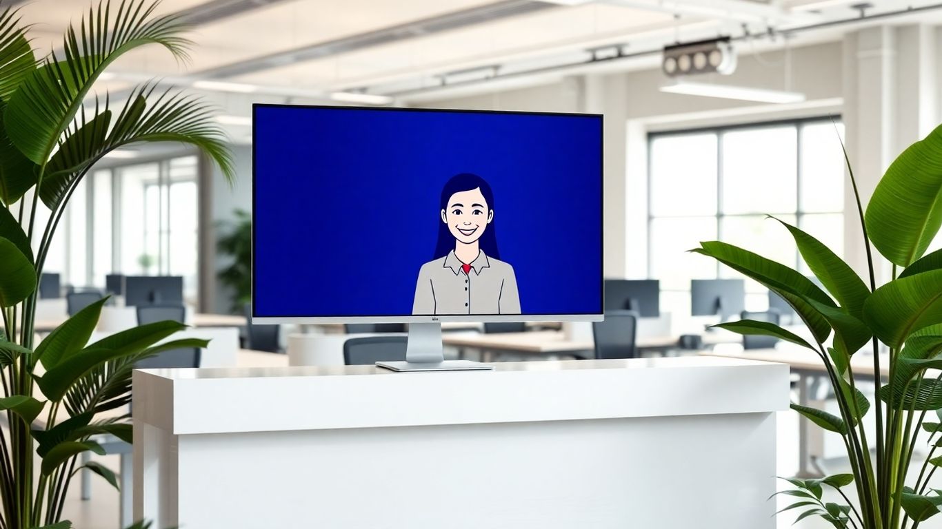 Virtual receptionist on screen in a modern office lobby