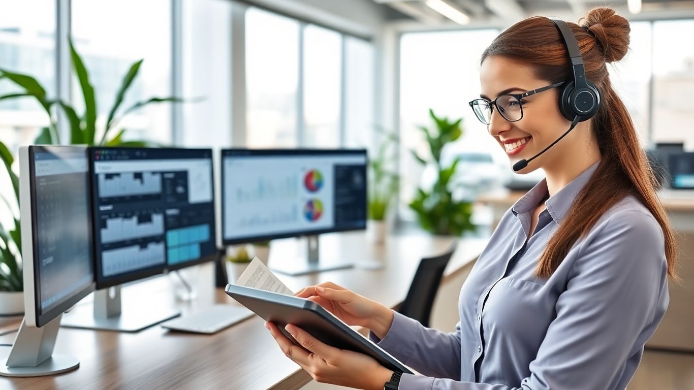 Receptionist using tablet in modern office setting