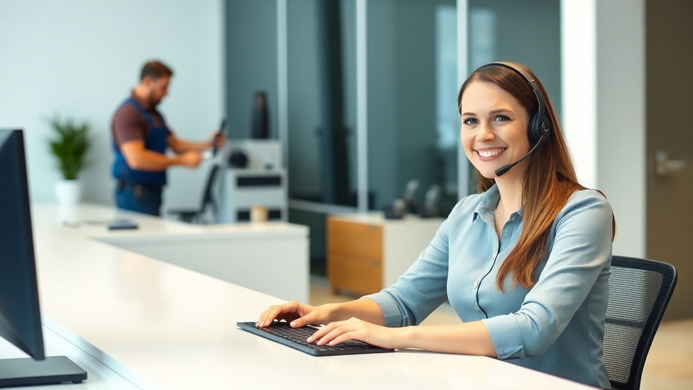 Receptionist with headset and plumber helping customer in office