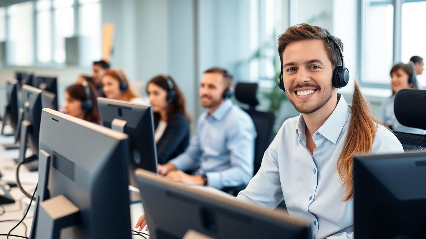 Friendly call center team handling business calls efficiently.