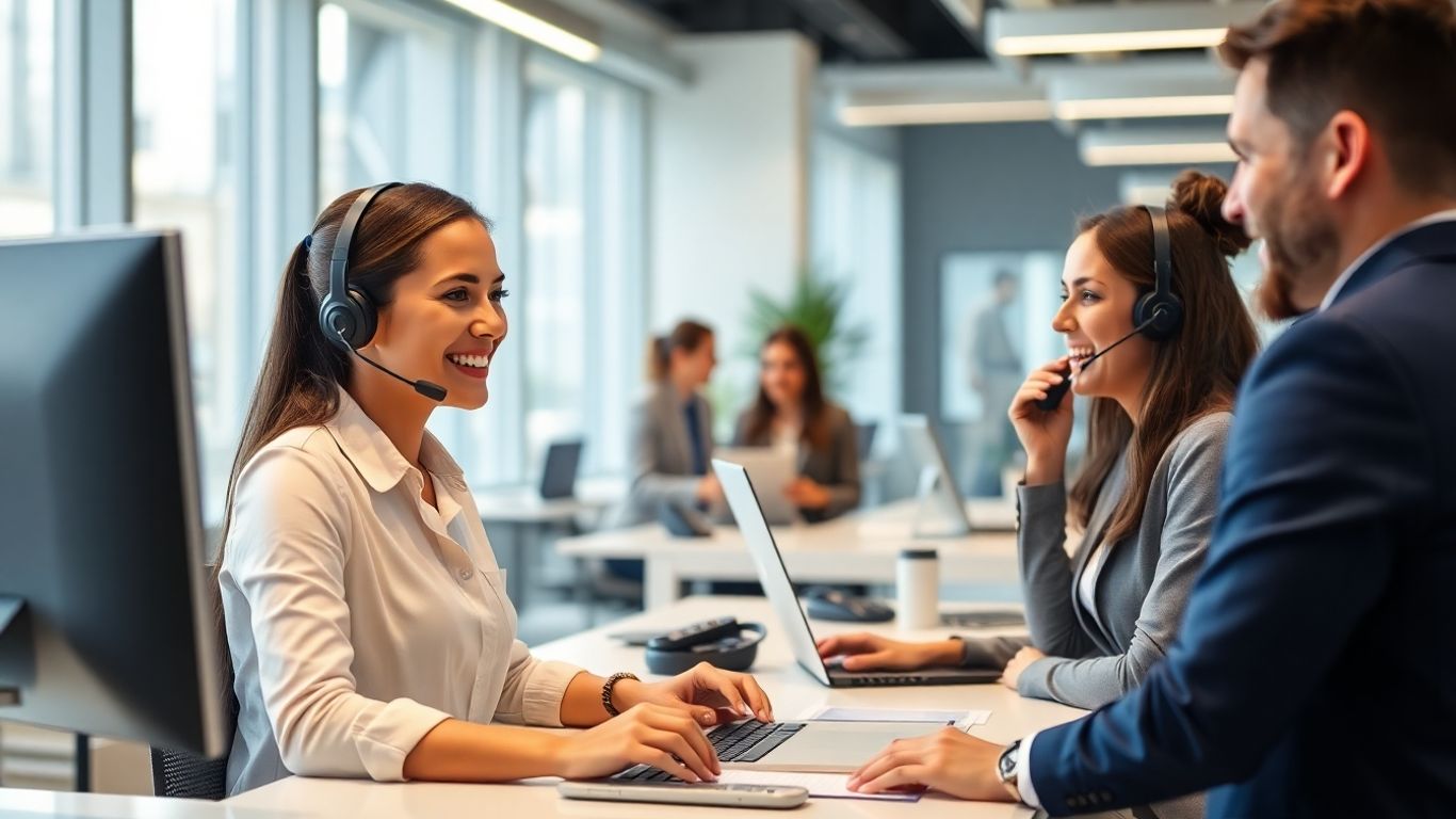 Receptionist answering calls in a modern office setting