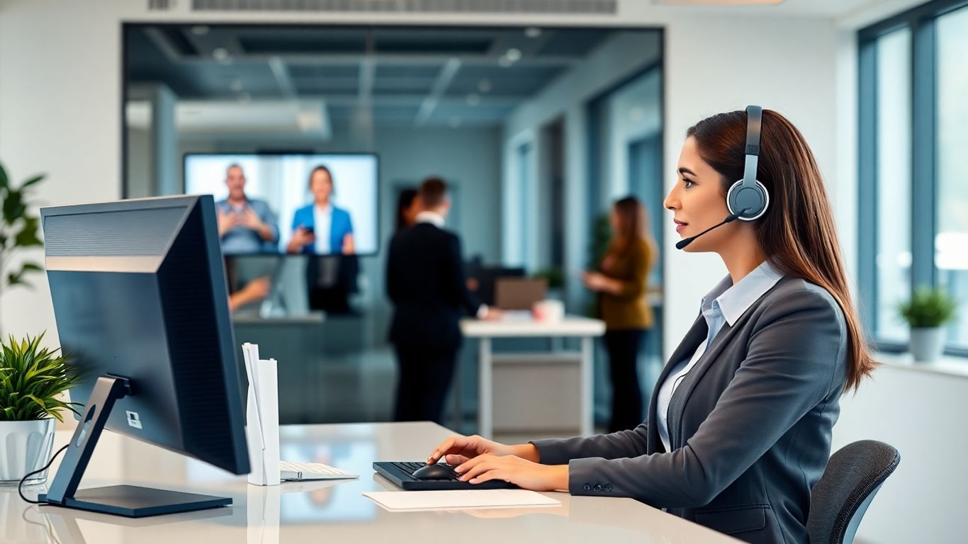 Virtual receptionist handling calls in a modern office