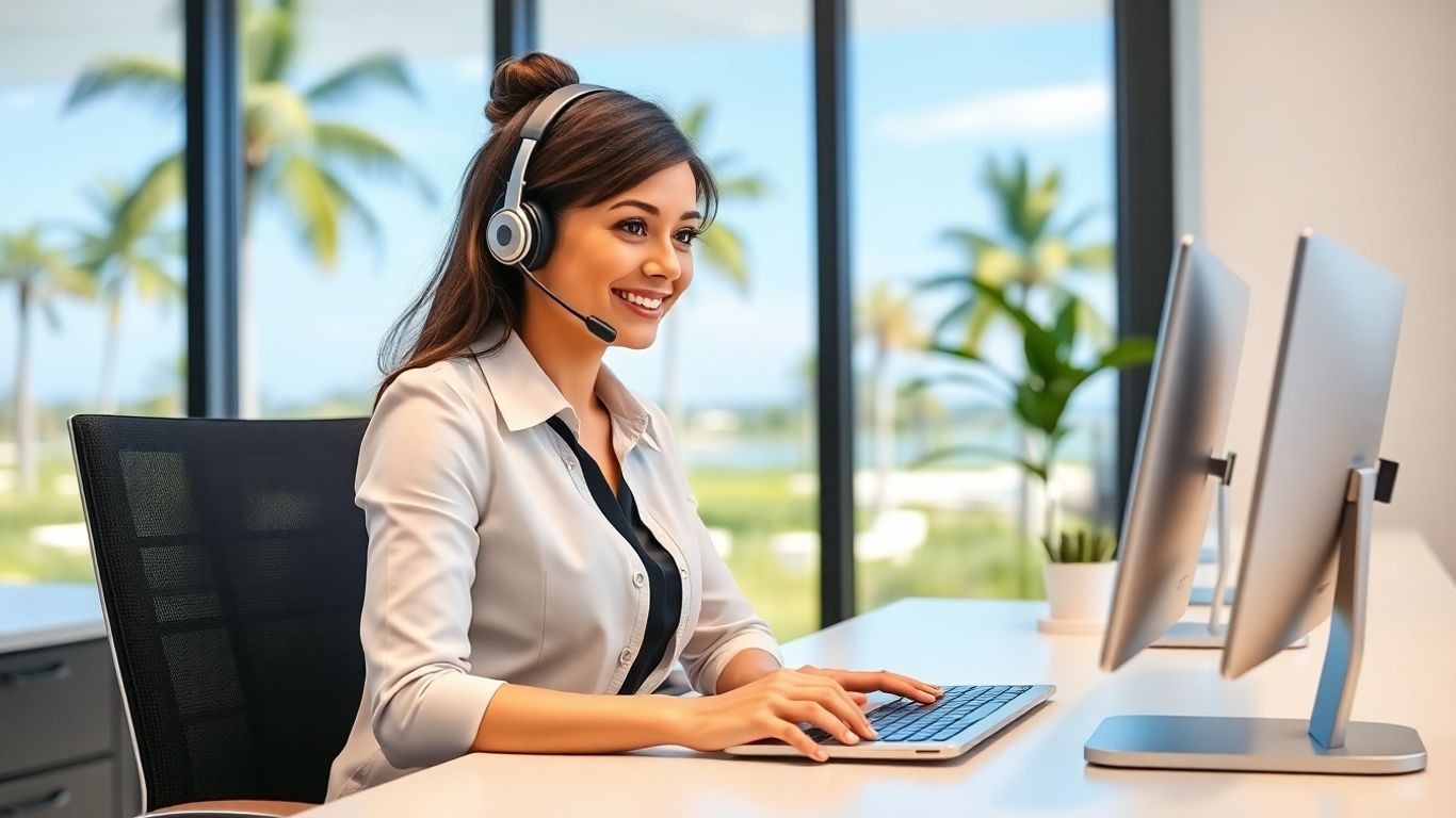 Virtual receptionist at modern desk with palm trees outside