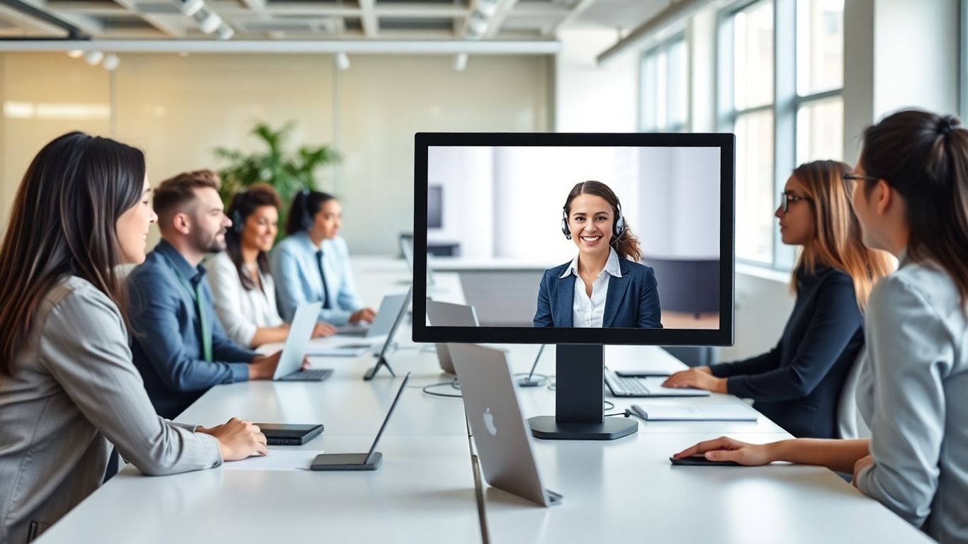 Virtual receptionist greeting business professionals in modern office