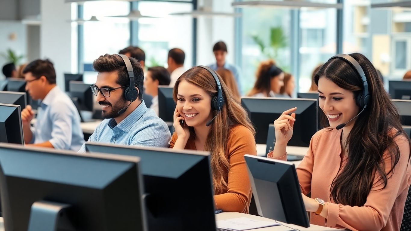 Busy office workers answering phones efficiently