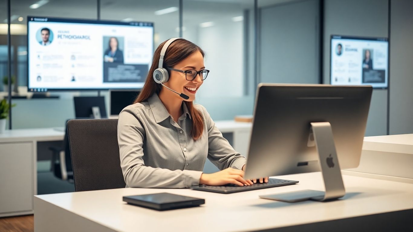 Virtual receptionist handling business calls in office