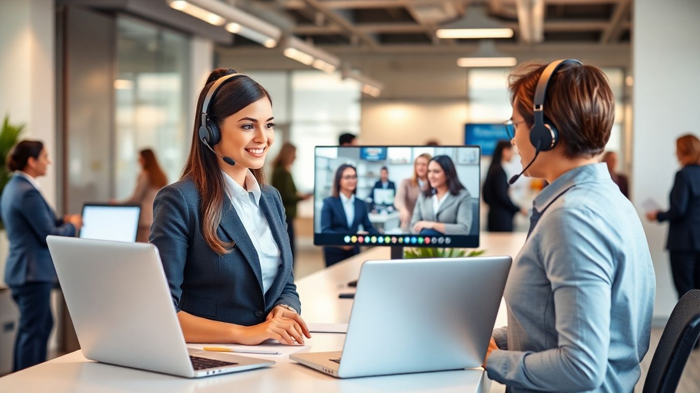 Receptionist with headset at modern office assisting clients