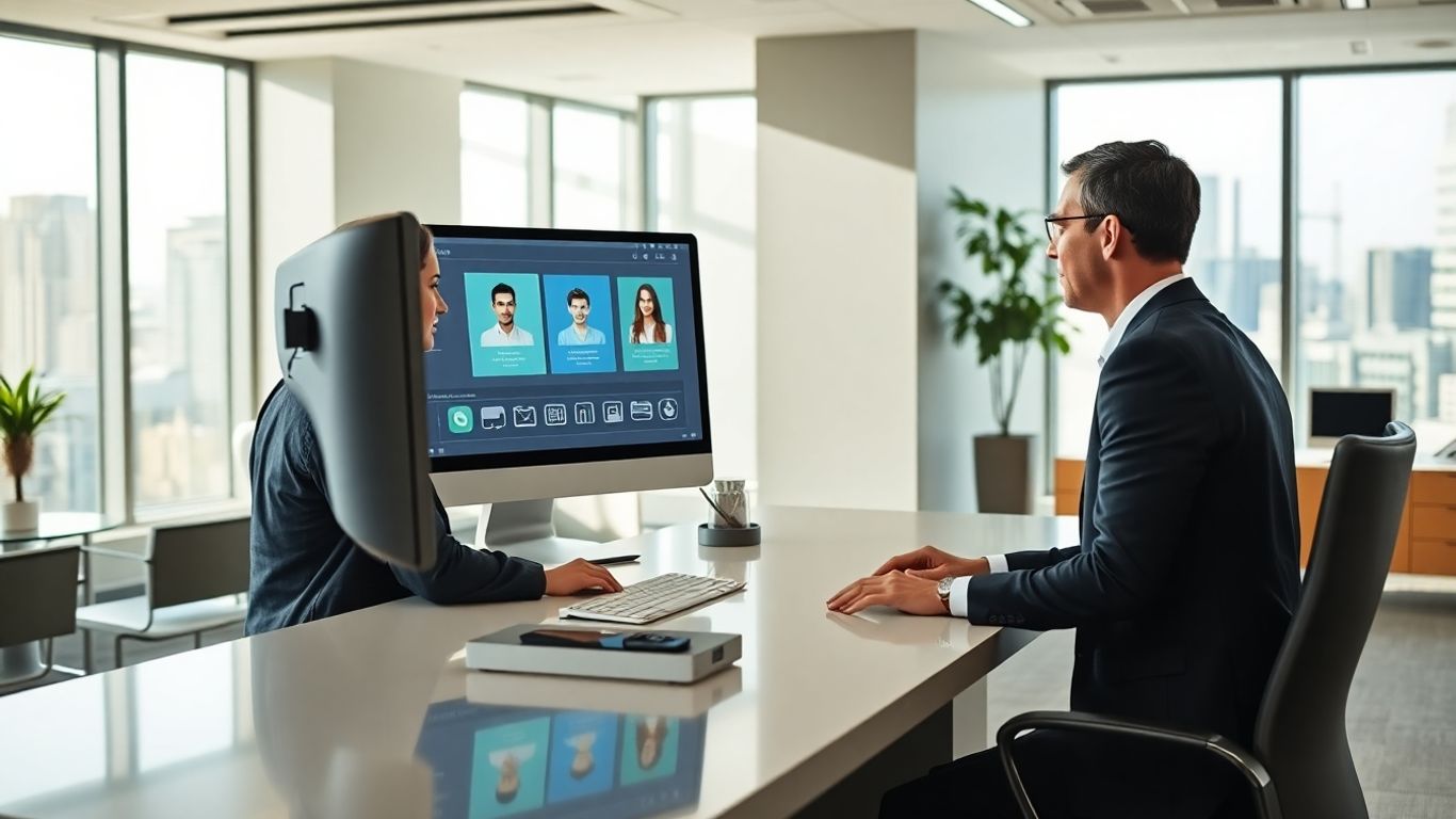 Business professional interacting with AI receptionist in office