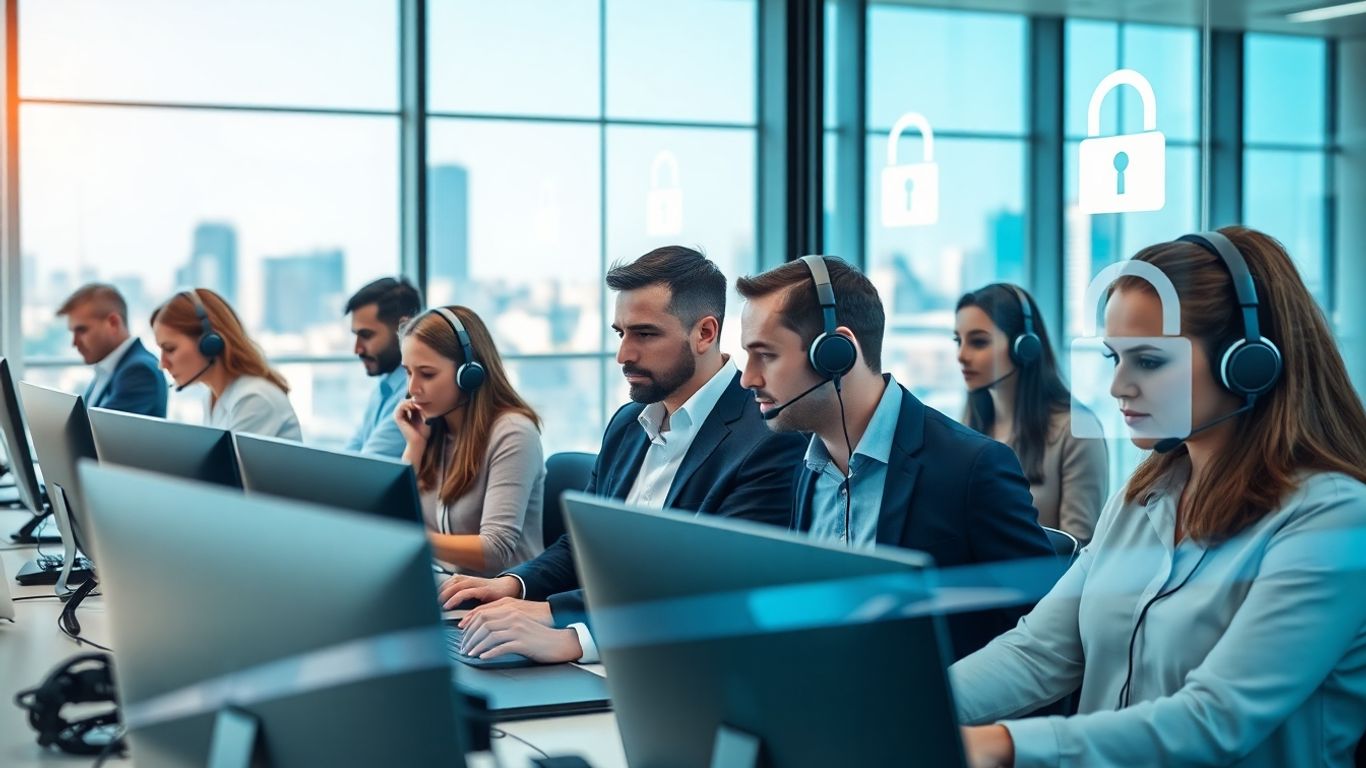 Professionals in office using headsets for secure communications