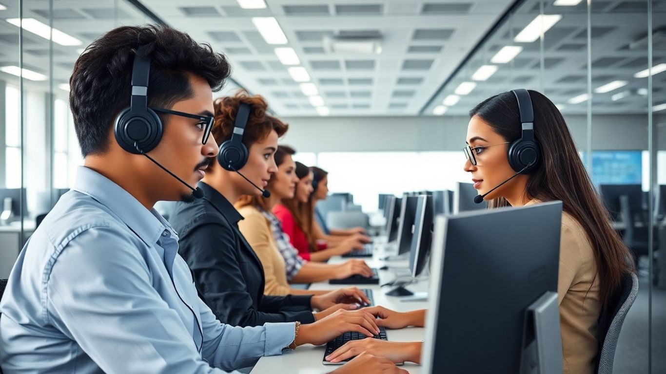 Modern call center agents using headsets in bright office