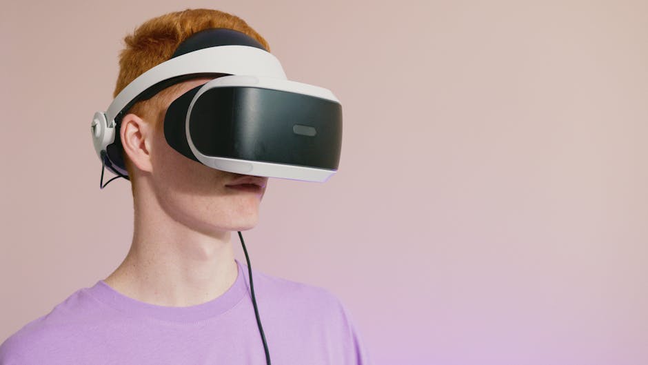 A receptionist wearing a headset while interacting with an advanced AI system, showcasing a digital interface with real-time data.