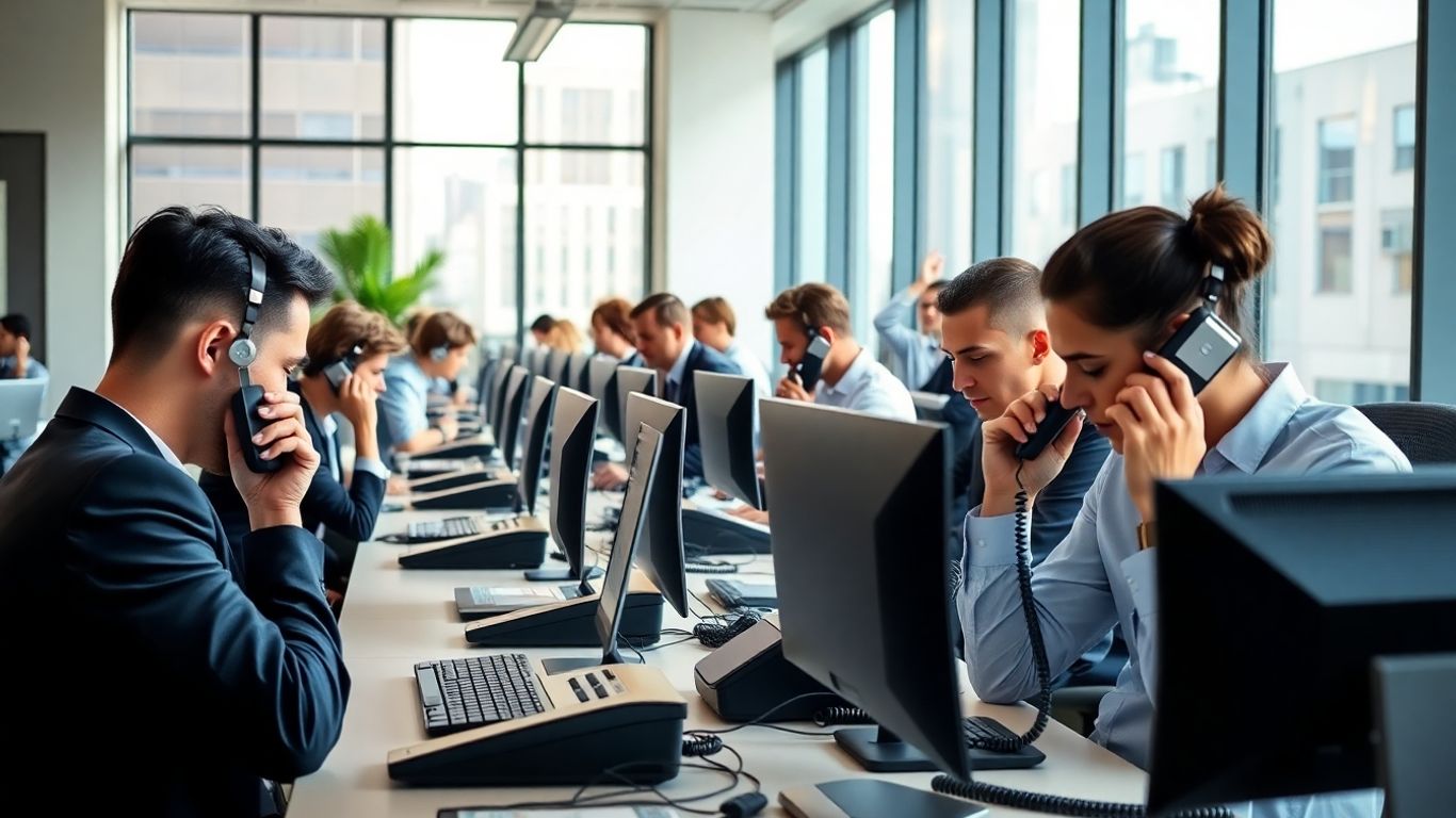 Busy office team answering multiple business phone calls.