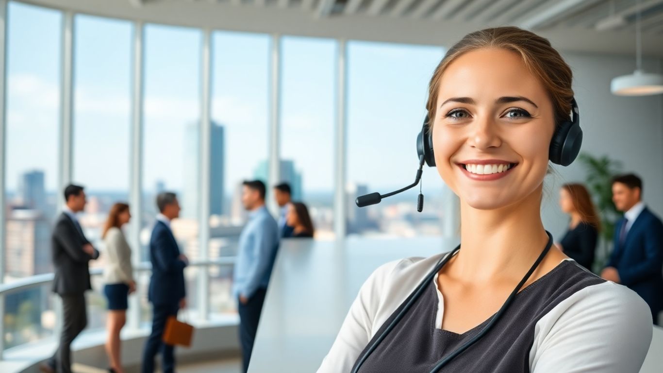 Receptionist with headset in modern Richmond office scene.