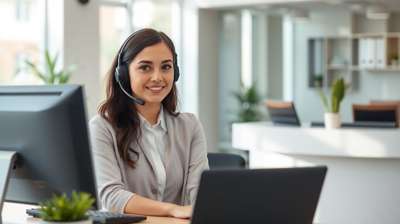 Virtual receptionist at computer compared to traditional desk receptionist